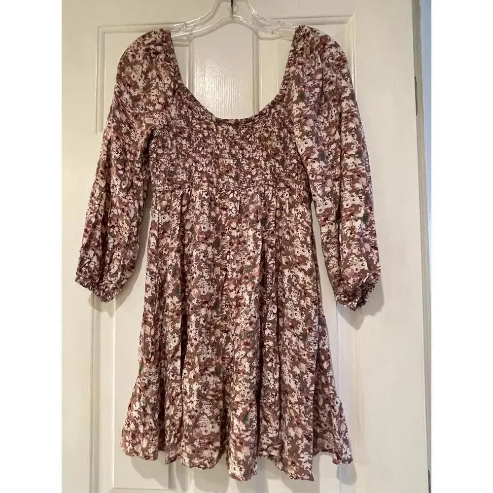 Hollister XS‎ Brown Floral Long Sleeve Dress Boho Peasant Prairie